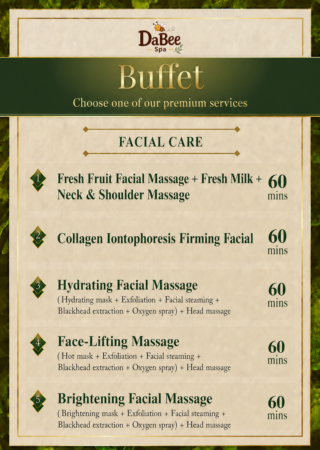 Dabee Spa facial care Buffet menu