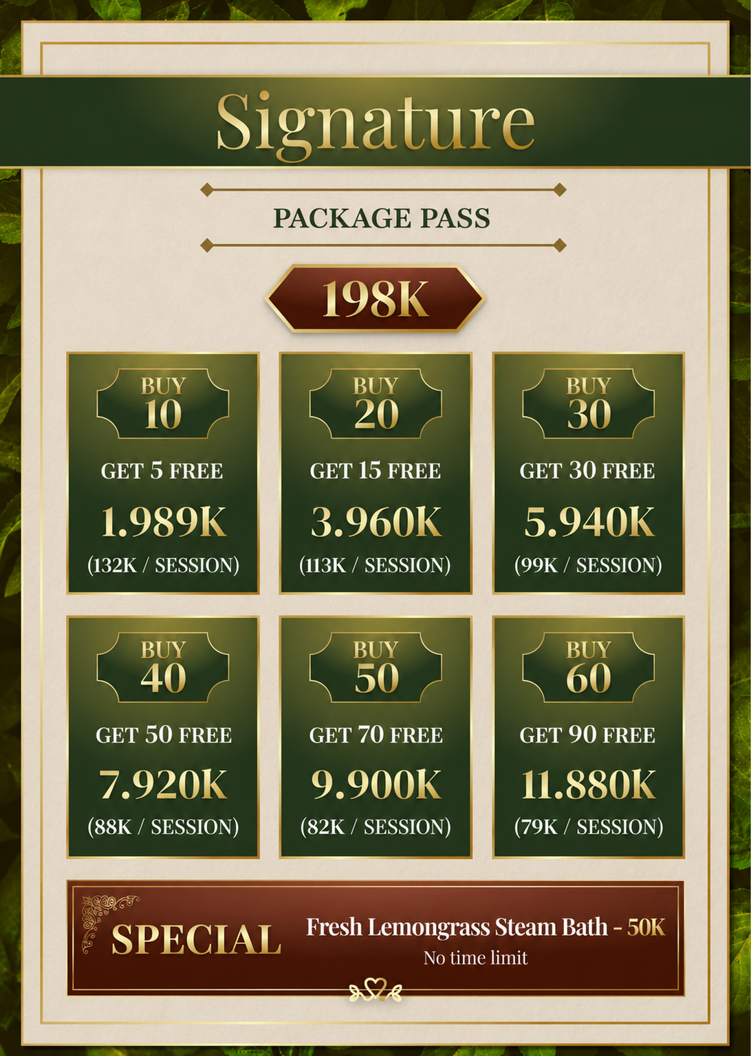 Dabee Spa Signature pass menu