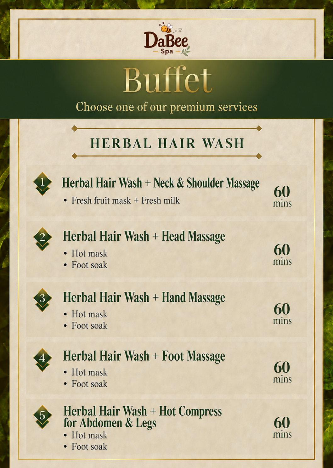 Dabee Spa wellness hair wash Buffet menu