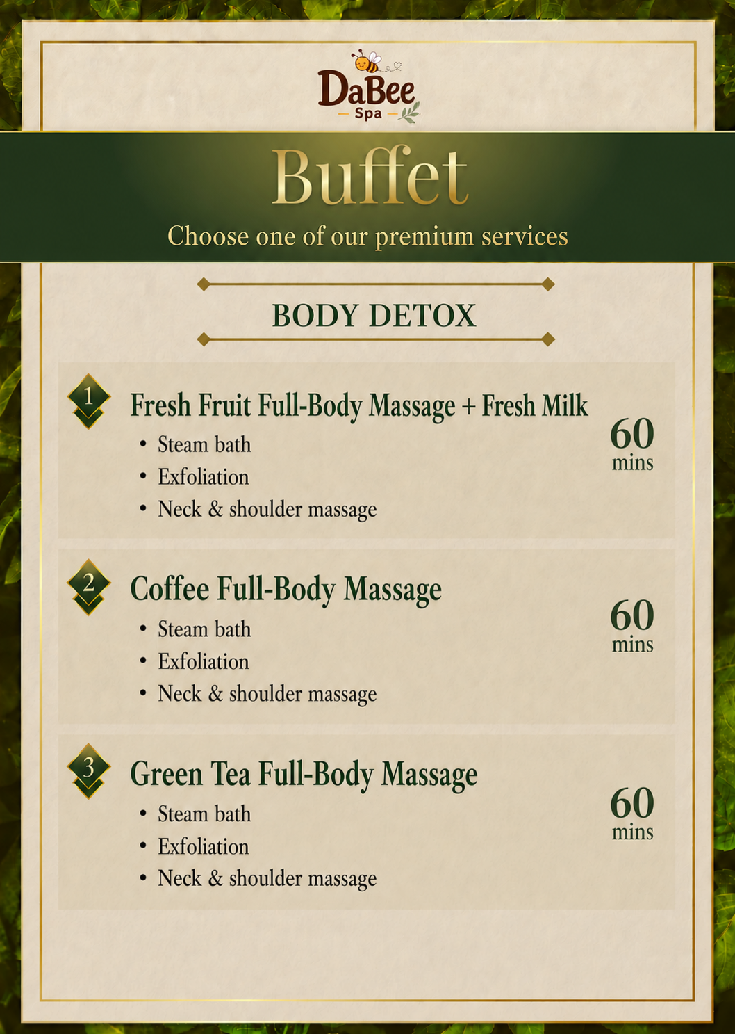 Dabee Spa body detox Buffet menu