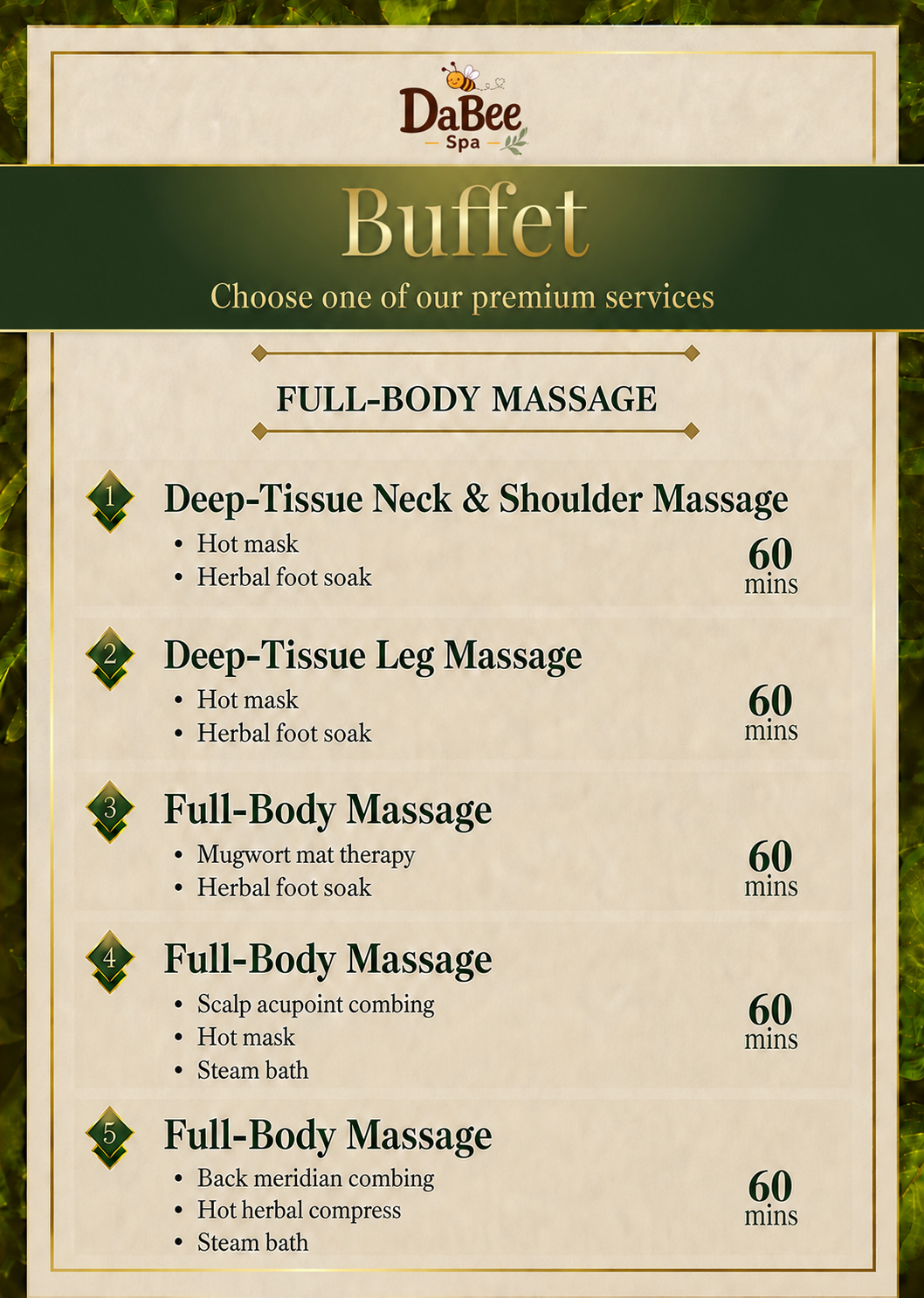 Dabee Spa full-body massage Buffet menu