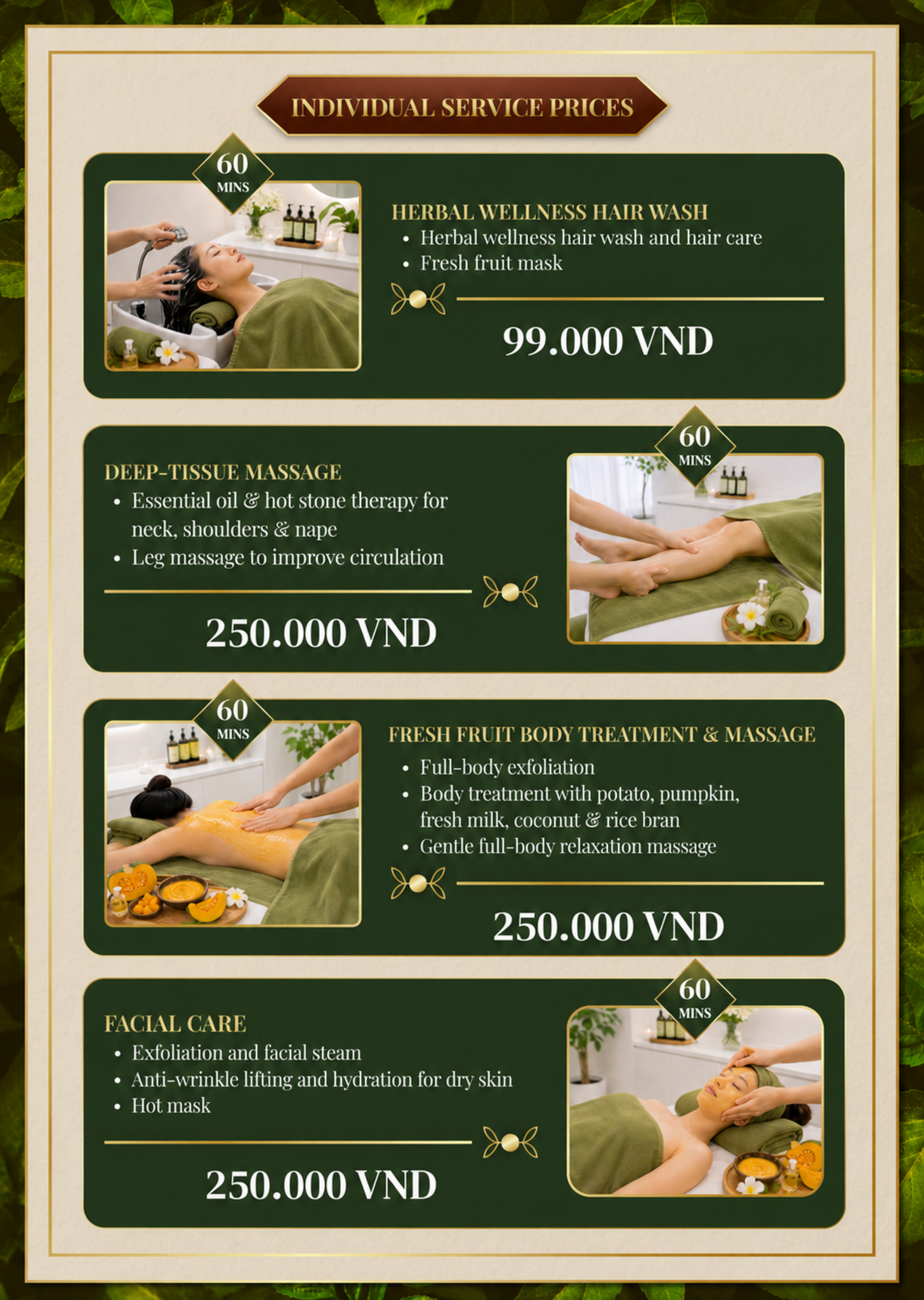 Dabee Spa individual service menu