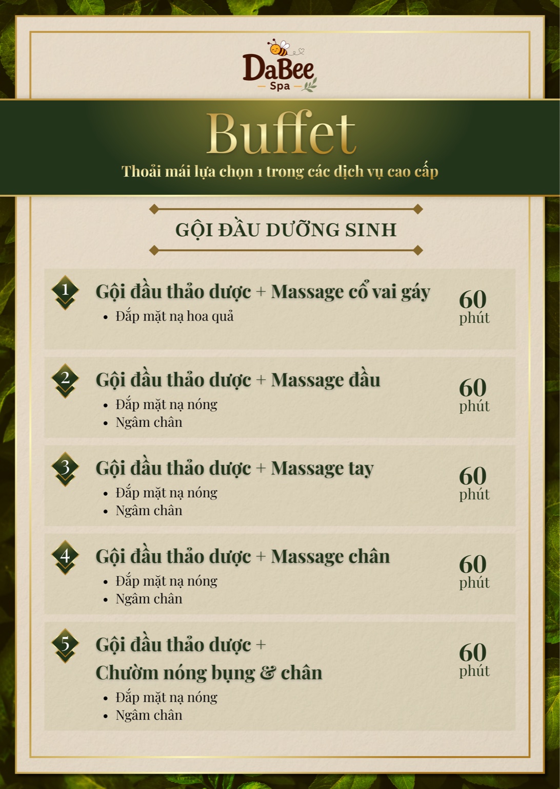 Menu Buffet Gội đầu dưỡng sinh